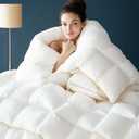 WhatsBedding Puffy Feather Comforter Queen Size, All Season Duvet Insert Feather Downfiber Filled, 100% Cotton Luxury Hotel Collection, 4 Corner Loops, Gold Piping (White Coffee Piping)