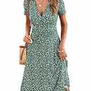 MSBASIC Sundresses for Women 2026 Casual Beach Wrap Floral Dress V Neck Summer Spring Dresses(A-Green Floral,Small)