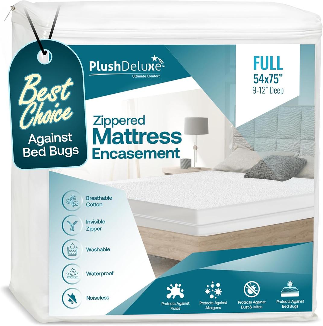 PlushDeluxe Full Size Premium Mattress Encasement - Zippered Waterproof, Bedbug Proof Design, 6-Sided Protection - Hypoallergenic Cotton Terry Fabric [9-12"] Depth