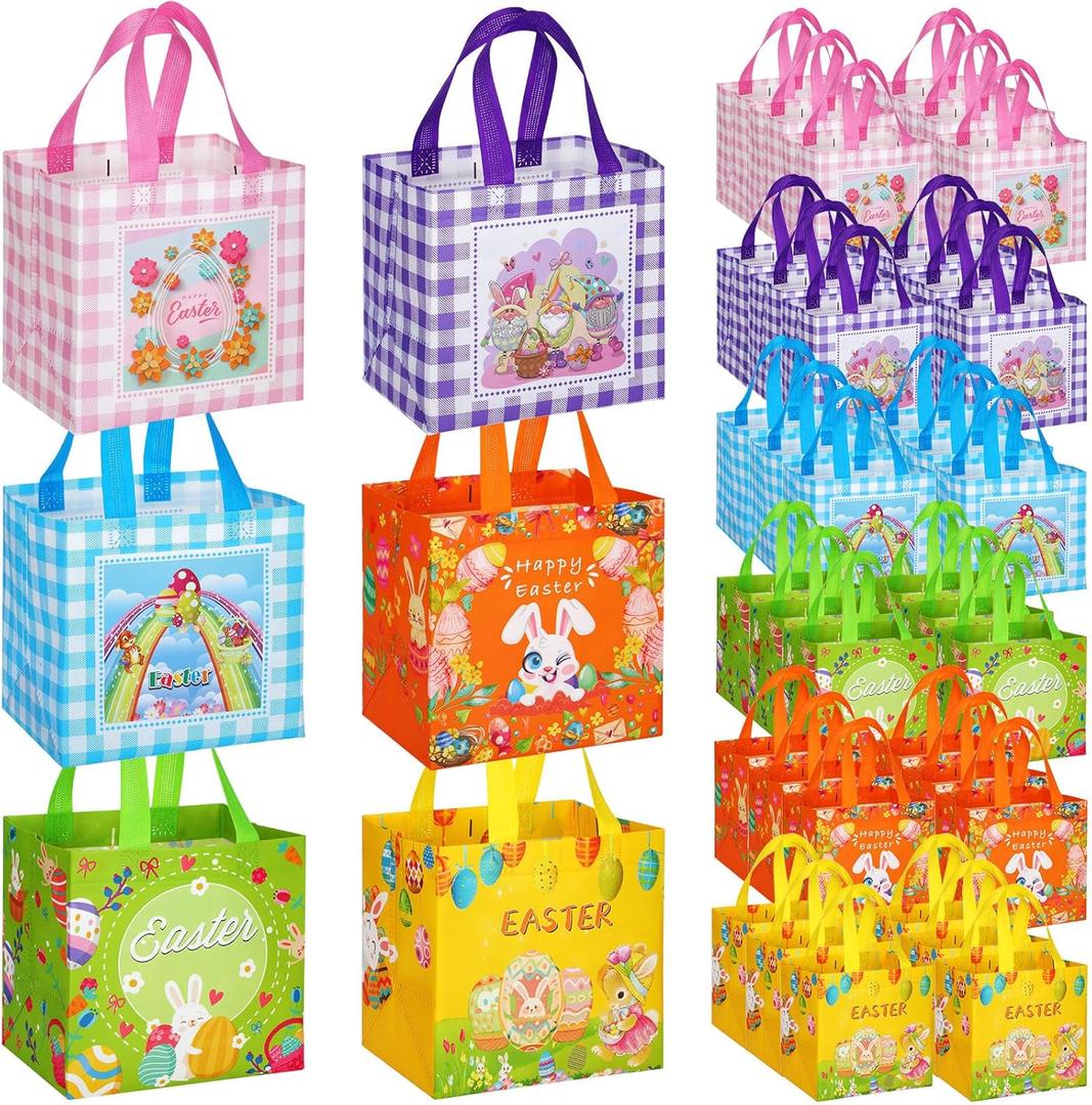 Sanwuta 24 Pcs Easter Gifts Bags with Handles, Easter Basket for Eggs Hunt Game, Non-Woven Holiday Bags for Gifts Wrapping Spring Party Supplies, 8 x 6 x 8 Inch