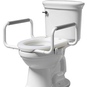 R&T 2" Toilet Seat Riser with Handles Comfortable Raised Toilet Seat for Seniors, Fits for Elongated Toilets, Elevated Seat with Soft Grey Padded Arms for Bathroom
