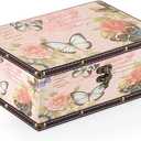 Butterfly Treasure Chest Box, Wooden + PU Leather Storage Decorative Box for Jewelry Trinkets Photos, Rectangular Keepsakes Box for Girls Women Gifts