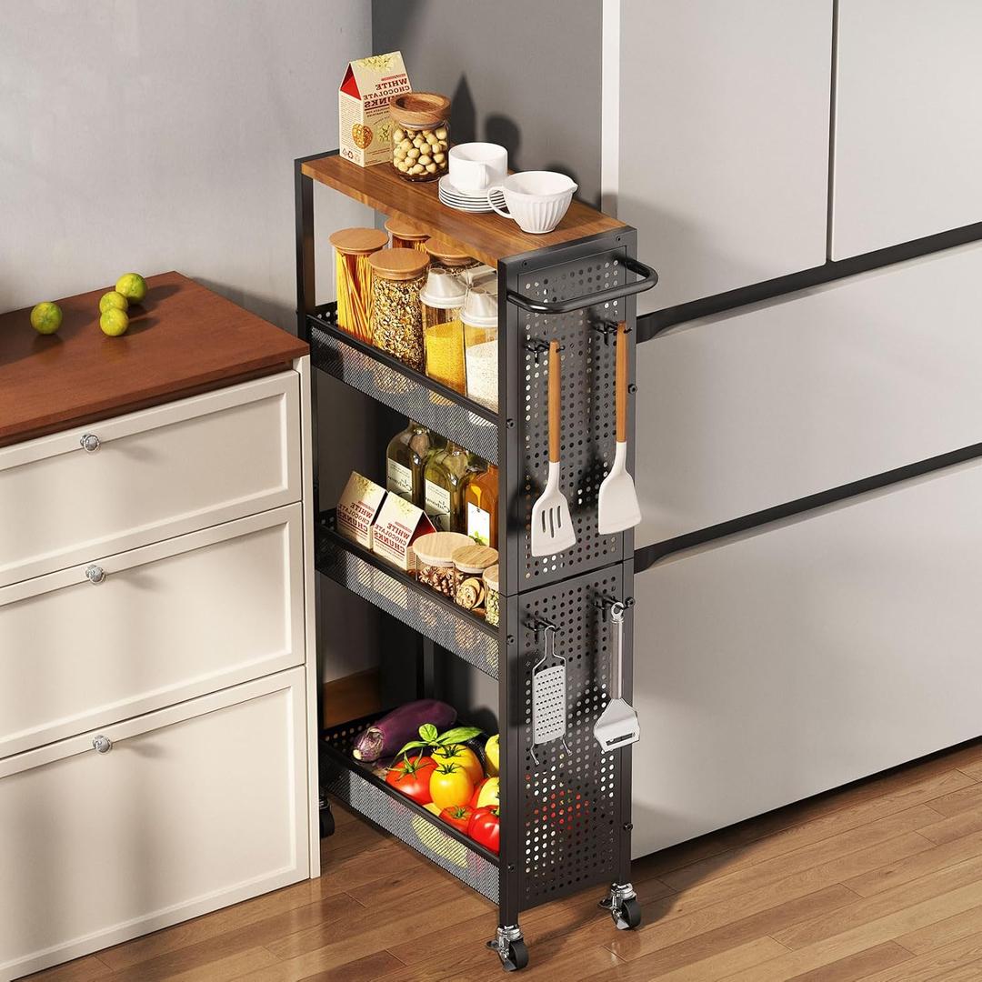 Slim Rolling Storage Cart with Wheels, 4-Tier Metal Utility Cart with Handle & Wood Top, Small Mobile Organizer Shelf Unit for Laundry Room, Kitchen, Bathroom, Office, Narrow Space (7.1 inch, Black)