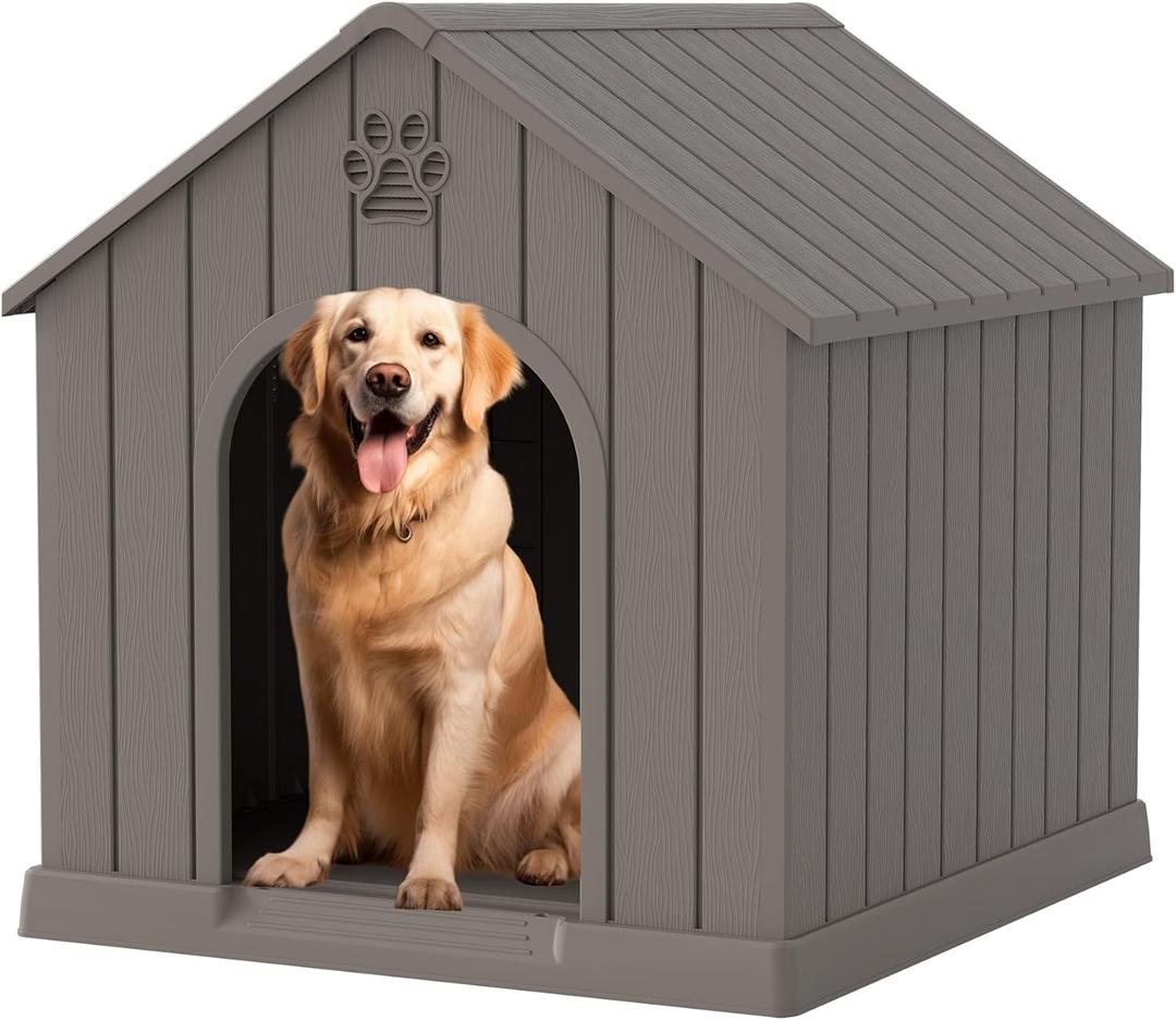 Fancyango Large Dog House Outdoor Indoor for Medium Large Dogs, Sturdy Plastic Waterproof Doghouse with Air Vents and Elevated Floor, Easy Clean and Assemble (Light Grey, 36.2''L38''W38''H)