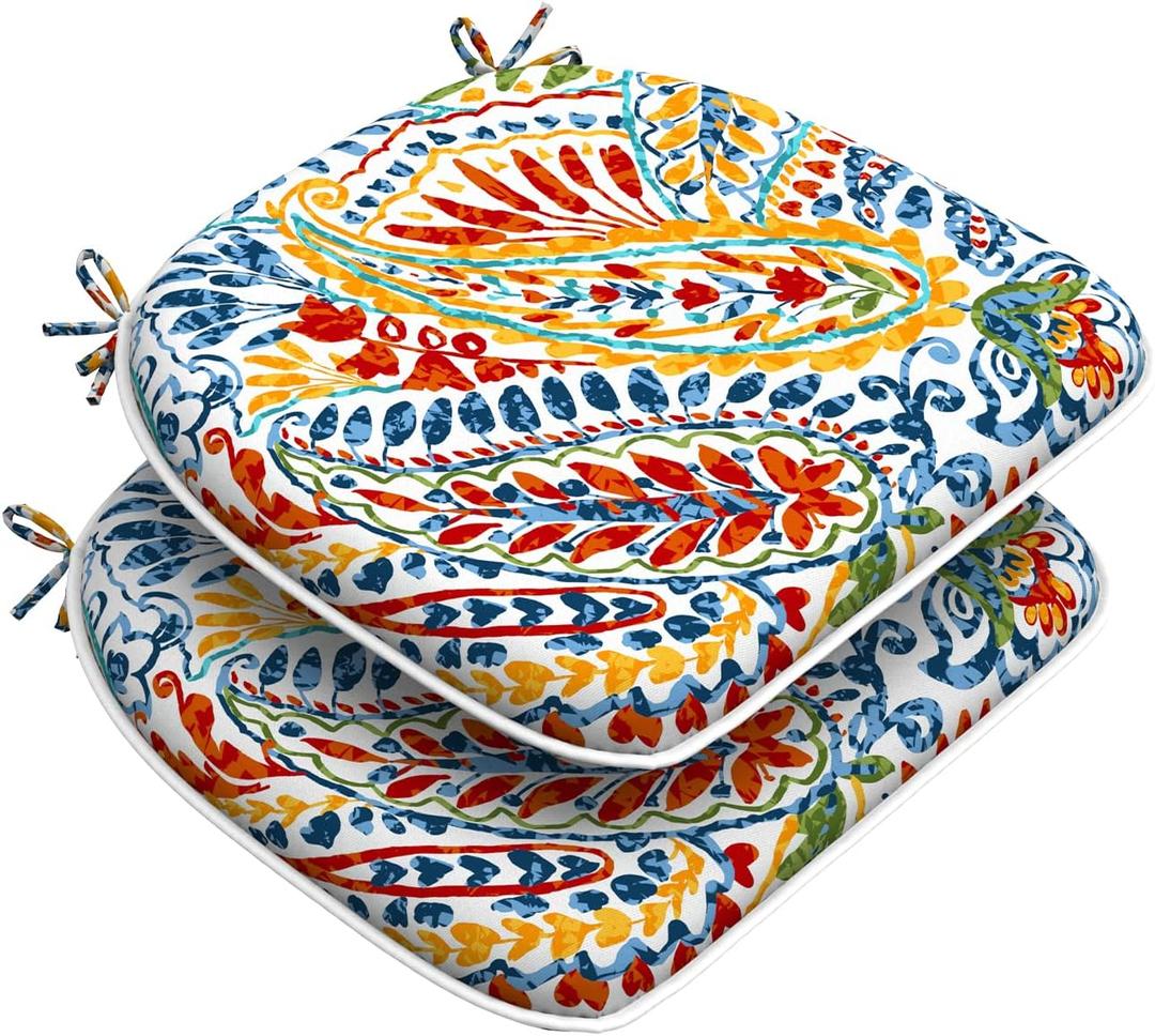 Set of 2 Outdoor Chair Cushions with Ties,Water Repellent Patio Chair Pads 17"x 16" for Outdoor Furniture,Round Corner Seat Cushions for Garden Yard Kitchen Paisley Multi