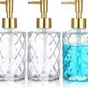 3 Pack Diamond Embossed Glass Soap-Dispensers with Gold Plastic Pump, 12 OZ Bathroom soap Dispenser, Elegant Hand Soap Dispenser for Bathroom & Kitchen