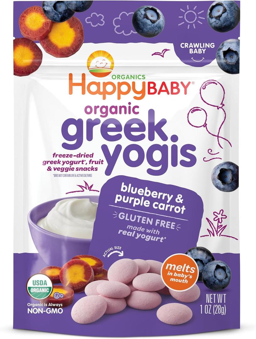 Happy Baby Organics Baby Snacks, Greek Yogis, Freeze Dried Yogurt &Veggie Fruit Snacks, Gluten Free Snack for Babies 9+ Months, Blueberry & Purple Carrot, 1 Ounce (EXP 03/12/26)