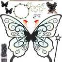 Fairy Wings for Adults Women Fairy Costume Set with Butterfly Hair Clips Lace Gloves Elf Ears Halloween Cosplay 13PCS (Black)