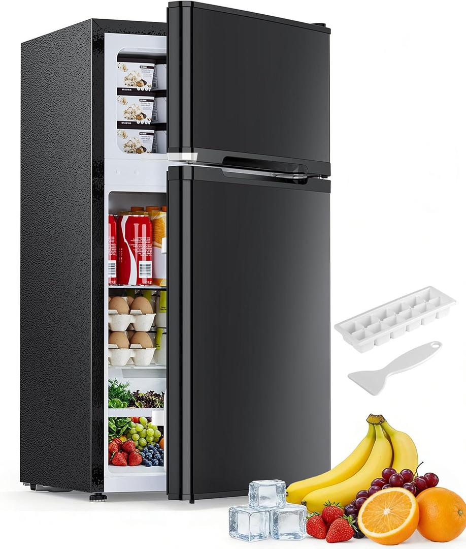 Electactic 2.6 Cu.Ft Mini Fridge with Freezer, Double-Door Compact Refrigerator, Adjustable Glass Shelves, Mechanical Thermostat & Built-in Casters, Space-Saving for Apartment/Dorm/Office, Black