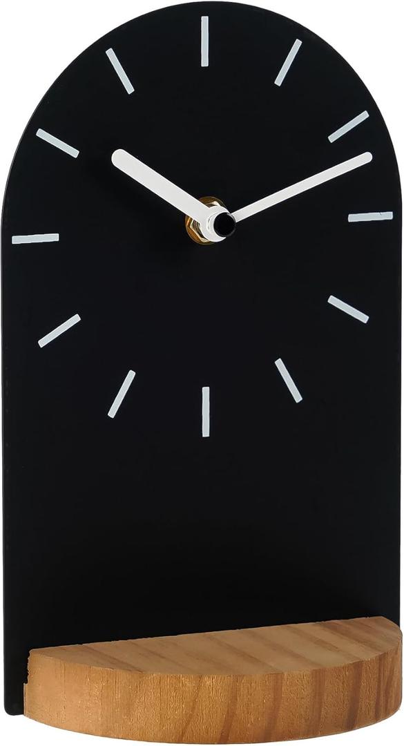 SOFFEE DESIGN One-Piece Table Clock Iron Sheet with Wooden Base Ins Style, Desktop Clock Non Ticking Battery Operated for Living Room Bedroom Home Decor, Black