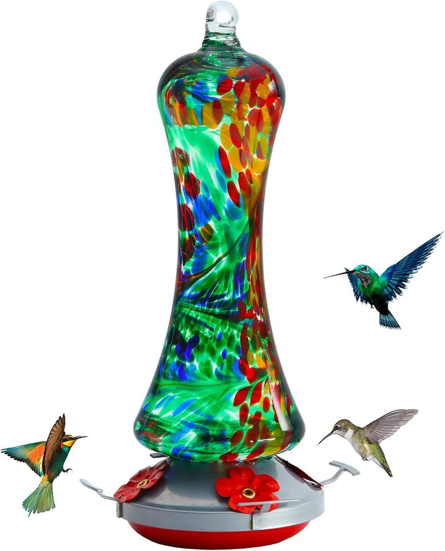 Glass Hummingbird Feeder for Outdoors: Leak Proof Hanging Hummingbirds Present for Women - Ant Moat & Hang Hook Included, Metal Base with 4 Feeding Ports & Perch, 20 Fluid Oz, Best Garden Decor (Small, Green)