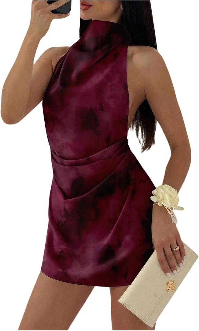 SOLY HUX Women's Ruched Halter Mini Dress Tie Backless Bodycon Evening Party Cocktail Dresses Multicolor, Large