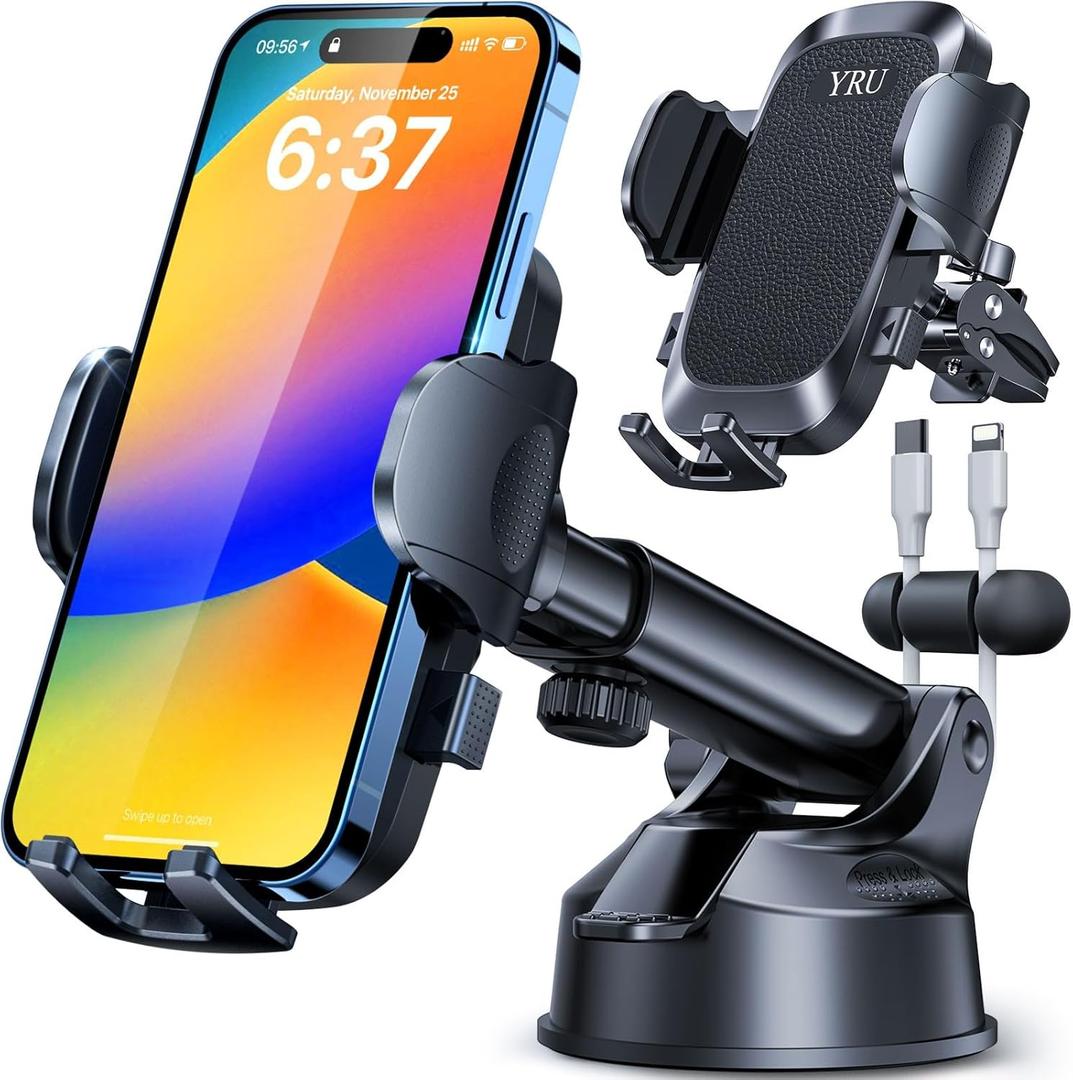 [2025 Upgrade 80LB+ Strong Suction]YRU Car Phone Holder Mount,[Bumpy Road Stable]Dashboard Cell Phone Holder for Car Air Vent Windshield Phone Stand for iPhone 16 15 14 13 Pro Max Samsung Truck, Black