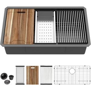 Kichae 33 Black Kitchen Sink Undermount - 33x19 Undermount Kitchen Sink Ledge Workstation 16Gauge Stainless Steel Gunmetal Black Deep Handmade Single Bowl Basin Round Corner
