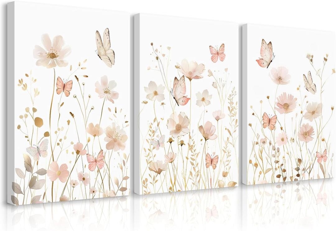 Pink Boho Floral Wall Art Vintage Nursery Wildflower Canvas Wall Decor Watercolor Flower Prints Pink Botanical Poster Butterfly Pictures Gold Floral Painting for Bedroom 16x24 Inch Ready to Hang 3pcs