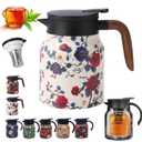 Insulated Tea Pots,Vintage Floral Pattern Tea Pot-Built-in Infuser,Colorful Vintage Floral Pattern Teas,Stainless Steel Teapot 1000mL with Lid for Hot Drinks,White(Wooden Handle,35OZ)