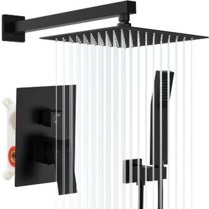 Qomolangma 10 inch Rain Shower System, Black Shower Faucet Set with Pressure Balance Valve, Wall Mounted 2-Functions Bathroom Shower Systems with Rain Shower and Handheld Spray Shower Trim Included