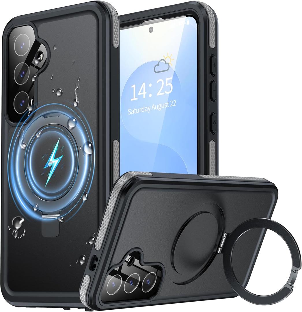 Magnetic & Stand for Samsung Galaxy S25 Case Waterproof[Built-in Screen Protector][Fit for Magsafe][Invisible Kickstand] 360 Full Body Sealed Protective Dustproof Shockproof Case Black