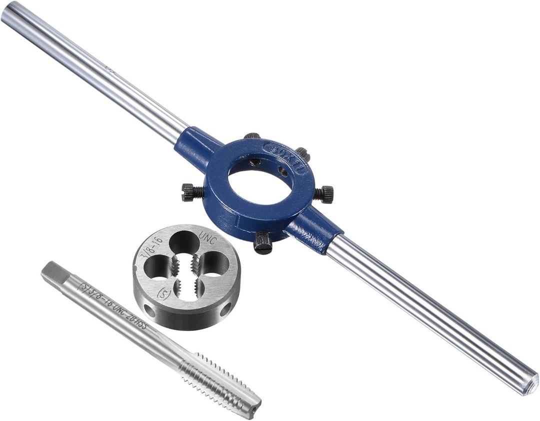 uxcell 3/8-16 UNC Tap and Die Set with 30mm Round Die Stock Handle Wrench, High Speed Steel Machine Thread Tap and Round Die Threading Tool