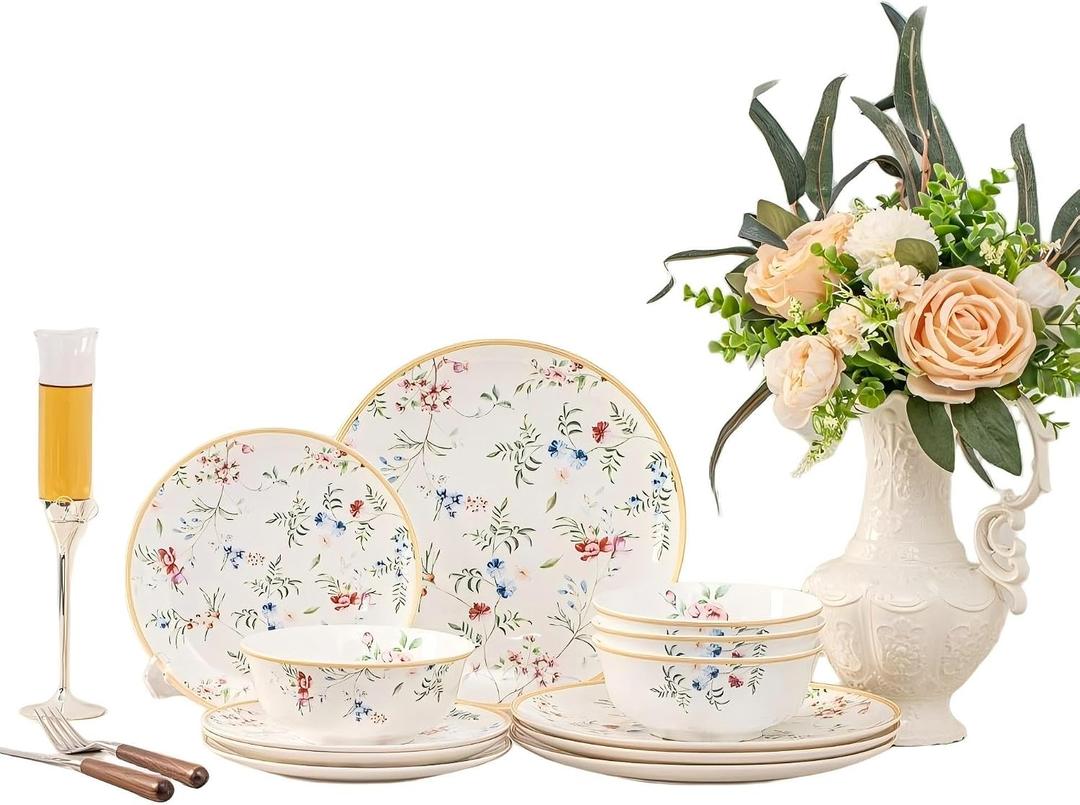 FHGNYSM Delicate Floral Dinnerware Set for 4,12-Piece Porcelain Lightweight Plates and Bowls Sets with Fine Sprigs and Blossoms, Ceramic Kitchen Dinner Set with Thin Gold Rim(English Garden Style)