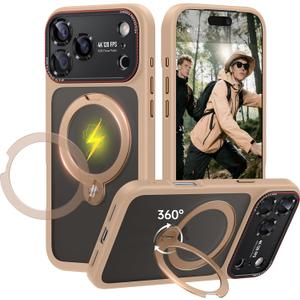 For iPhone 17 Pro Case: 360 Spin Magnetic Stand, Camera Protection (Compatible with MagSafe) [18FT Military Protection] Shockproof Matte Translucent Phone Cover for iPhone 17 Pro 6.3", Gold