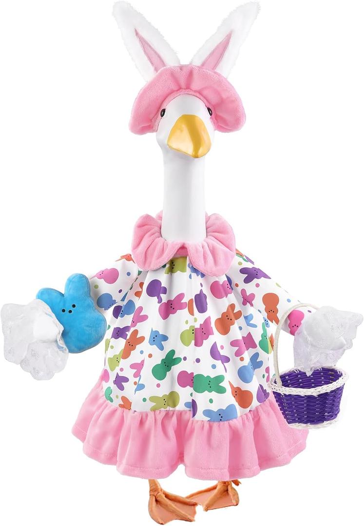 Easter Goose Outfit with Purple Basket for 23" Porch Goose Holiday Bunny Hat Costume Easter Party Outdoor Garden Patio Yard Lawn Art Decoration