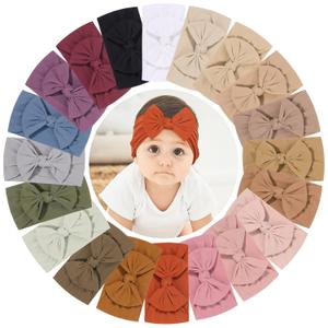 jollybows 20pcs Baby Nylon Headbands With Bow Elastic Hairband For Girls Newborn Infant Toddlers Kids Hair Accessories (20 Count (Pack of 1), 3-Earth Tone Multi-colored)