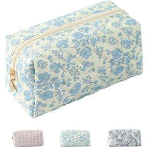 Makeup Bag Toiletry Bag Quilted Travel Makeup Bag Floral Flowers Toiletry Organizer Makeup Blue Makeup Pouch Storage Bag Travel Toiletry Bag Organizer