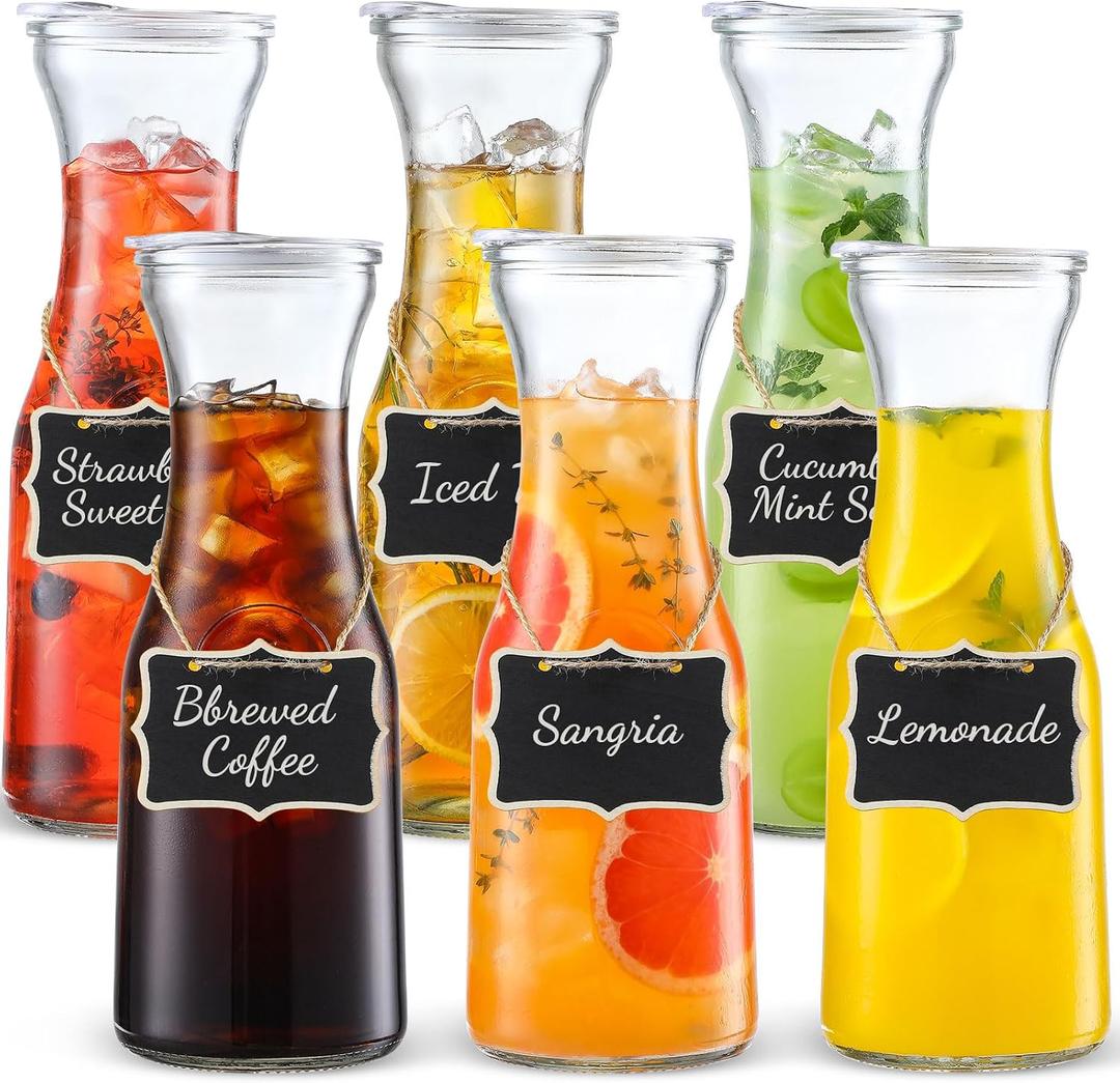 Set of 6 Glass Carafe with Lid, 1 Liter Beverage Serveware Carafe, Clear Glass Pitcher for Mimosa Bar, Brunch, Cold Water, Juice, Milk, Iced Tea, Lemonade 