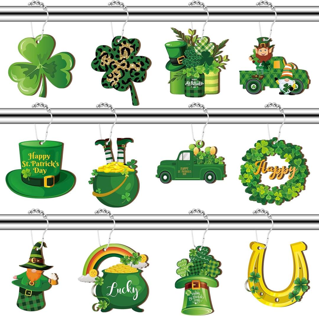 Barydat Set of 24 St. Patrick's Day Wood Shower Curtain Hooks Irish Shower Curtain Rings Decorative Clover Green Hat Rust Resistant Hooks for Bathroom Bedroom Decorations Accessories