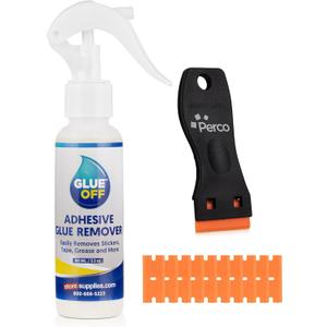 Perco Glue Off Adhesive Sticker Remover 3.3 fl. oz & Scraper with Plastic Razor for Removing Labels (Adhesive Sticker Remover & Scraper w/Plastic Razor)