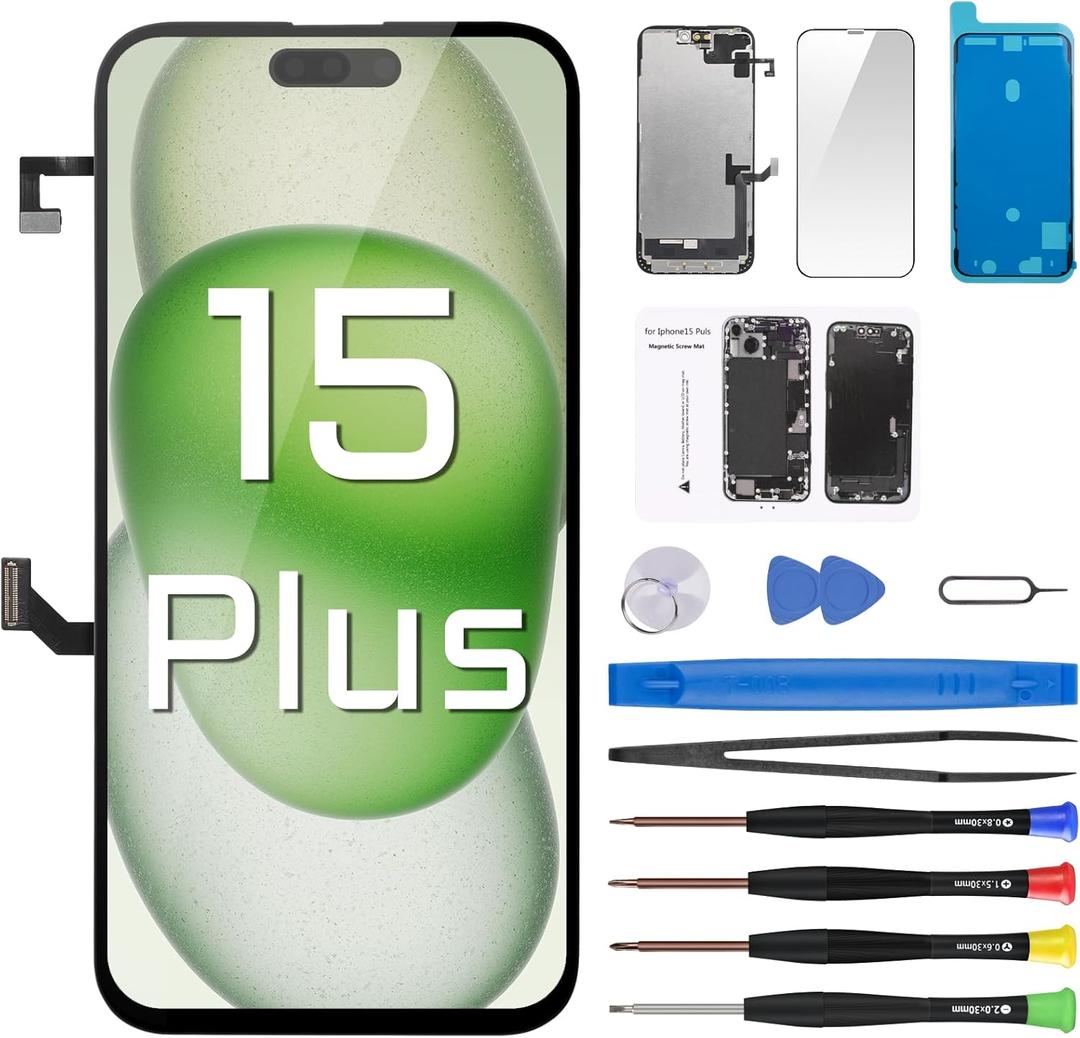 For iPhone 15 Plus Screen Replacement with Earpiece Flex Cable Ambient Light Sensor LCD Touch Display Digitizer Full Assembly with Front Glass Repair Tools Kits A3094 A2847 A3093 A3096