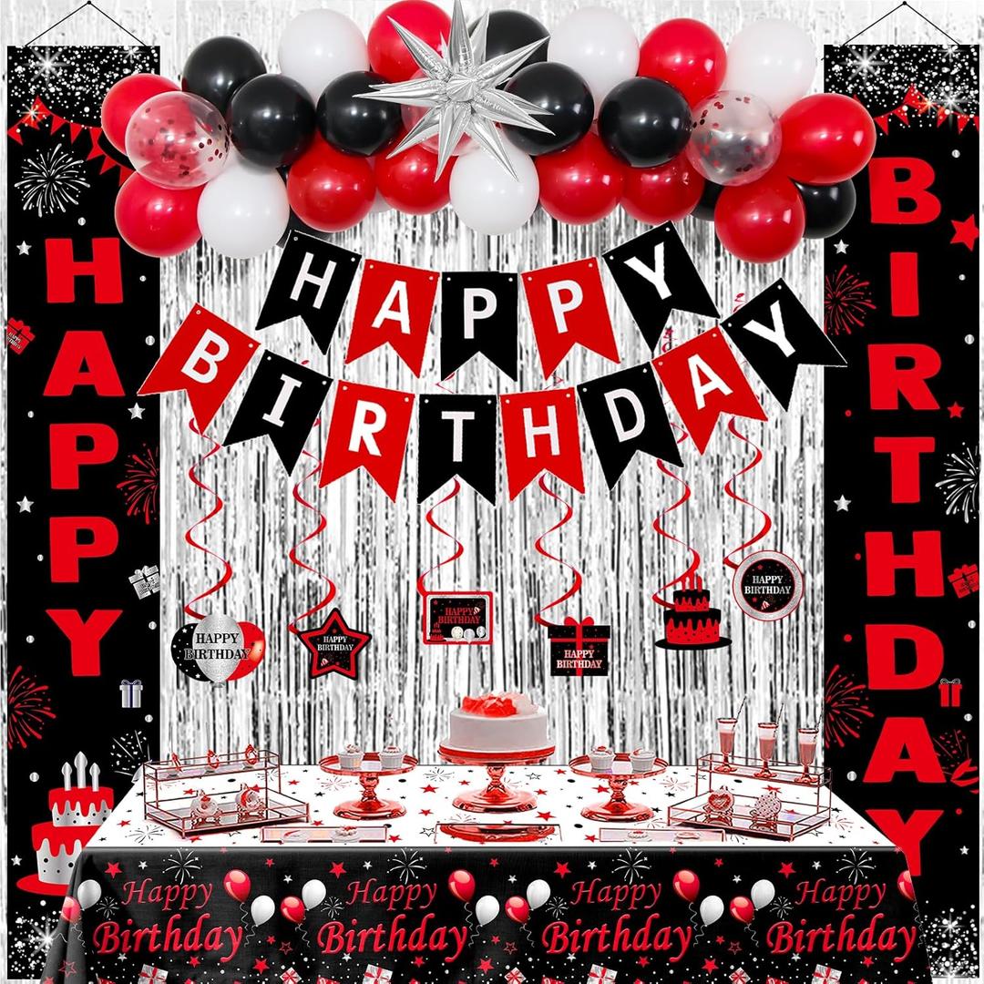 Red and Black Birthday Decorations for Men Women Boys Girls, Happy Birthday Decorations Black and Red White, Happy Birthday Banner Balloons Tablecover Fringe Curtain Door Banner, Birthday Party Decor