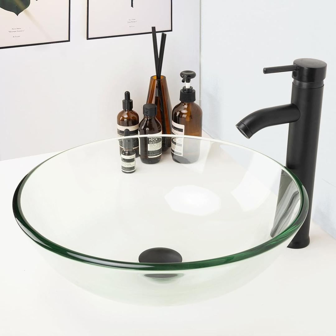 YIMAI Ingenuity Design Vessel Sink Bathroom Sink above counter Small Vessel Sink Bathroom Sink Bowl Countertop Modern Sinks with faucet and drain combo 16.5" Round Transparent