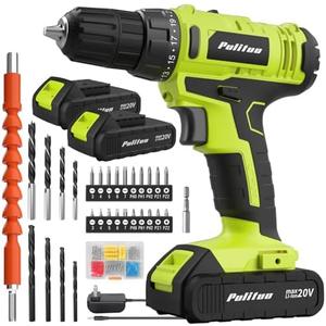 PULITUO'S 20V Cordless Drill/Driver, Electric Screwdriver - 2 Batteries, 30Nm, 21+1 Torque, 2 Speed, Keyless 3/8" Chase Drill with LED Light, Kit for Home (Green)