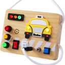 Montessori Busy Board Wooden Sensory Toys with LED Light Up Switch Travel Toys for 1+ Year Old Toddler Baby Boys Girls Gifts (Taxi Theme)