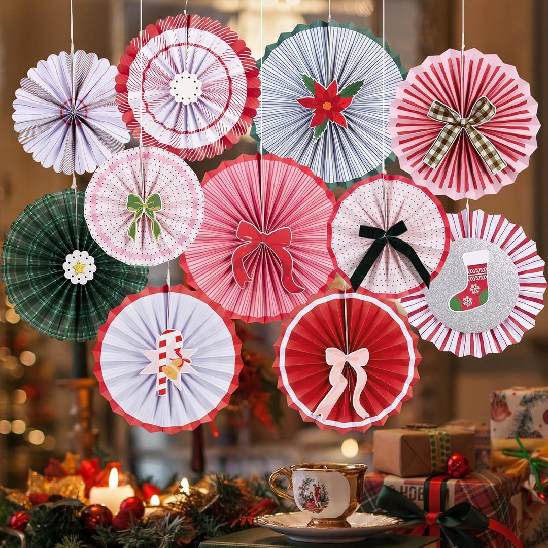 SUNBEAUTY Christmas Party Decorations Hanging Paper Fans Christmas Classroom Decorations Red Green White Paper Fans with Candy Bow for Xmas Holiday Ceilings Wall Decor Winter New Year Party Supplies
