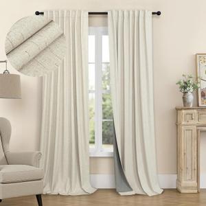 98 Inch Curtains Blackout Linen Country Cottage Core Thick Textured Lightweight Window Drapes for Guest Bedroom Living Room Darkening Thermal Winter Curtain Keep Cold Out 98 Inch Length 2 Panels Beige
