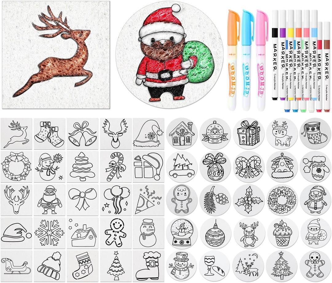 Maitys 65 Pcs Christmas Foam Texture Painting Kit 3 x 3'' Pre-Designed Magic Foam with Colors Marker Water Brushes DIY 3D Craft Drawing Set for Christmas Party Gifts Holiday Activities