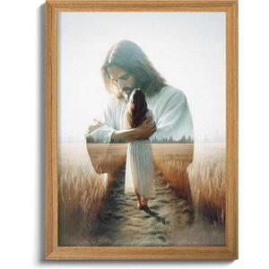 3D Textured Jesus Embracing Woman Wall Art, Hand Drawn Sandstone Christian Wall Decor Painting, Scripture Religion Artwork Pictures for Church Living Room Prayer Room Home Decor 12x16 Inch Framed