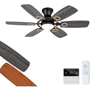 42 Inch Black Ceiling Fans with Lights and Remote, Low Profile Flush Mount Modern Ceiling Fan with Light, 6 Blades, Dimmable, Reversible DC Motor, Indoor Outdoor Ceiling Fan for Bedroom Patio