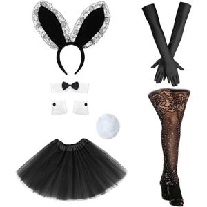 Vegove Bunny Girl Costume for Women-Rabbit Ear Headband, Collar with Bow Tie, Tutu Skirt for Easter Role Play Cosplay Parties (Black)