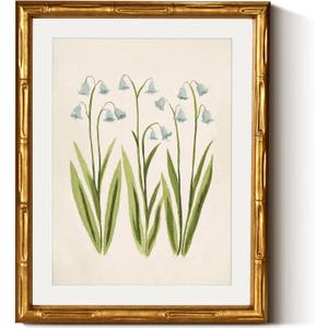 Classic Lily of the Valley Flower Canvas Print Gold Bamboo Textured Frame and White Mat, 11x14 Acrylic Panel Protection Framed Botanical Illustration Artwork, Farmhouse Modern Bedroom Decor