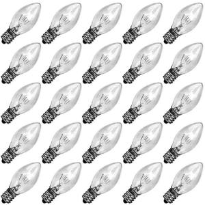 25 Pack Clear Replacement Bulbs, C7 Outdoor String Light Bulbs, C7/E12 Candelabra Base Night Light Bulbs, 5 Watt-Clear