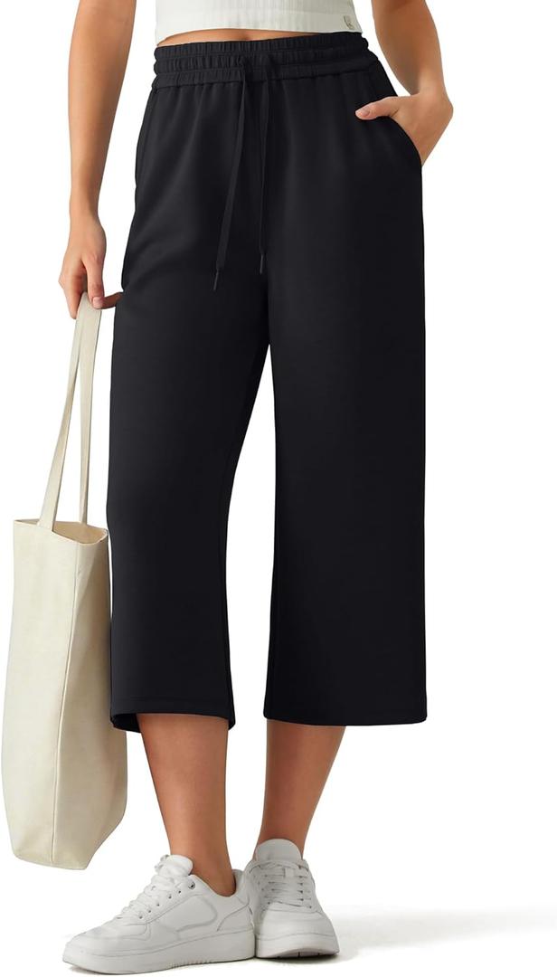 G4Free Pajama Pants Women Capri Pants with Pockets High Waist Drawstring Pull on Summer Pants Casual Lounge Sweatpants(Black, L, Regular)