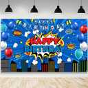 Happy Birthday Backdrop Blue Superhero Birthday Photography Background Cityscape Balloon Birthday Party Decorations Banner Photo Studio Props 70.8 x 43.3 inch