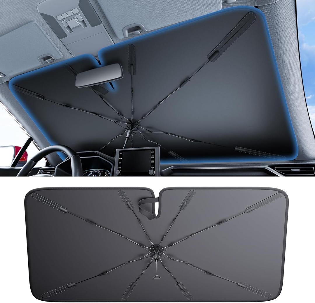 2025 Ice-Shield Car Windshield Sun Shade [100% Sun Block, 4th-Gen Cooling Tech] Reflective Heat Insulation, Portable Foldable Front Window Sunshade Umbrella for Compact Sedans - Universal Fit 53"x29"