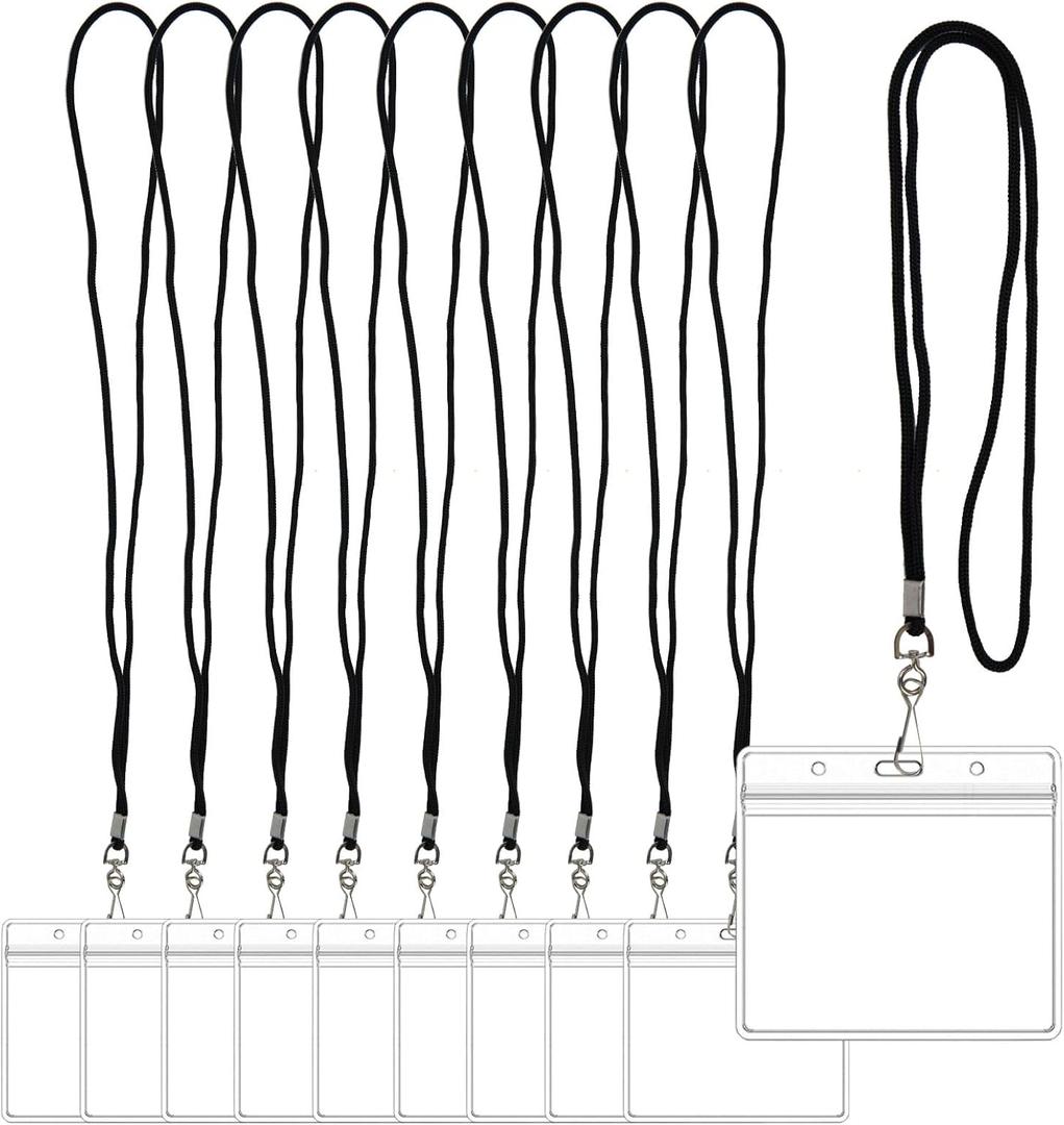 10 Pack Vertical Id Card Holder with Black Lanyard - Waterproof Resealable Zip Name Tag Badge Holders for Id Cards and Tags