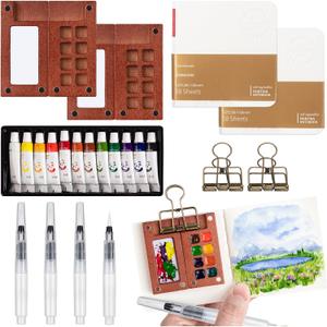 9Pcs Mini Watercolor Paint Set, Mini Painting Kit Contain Boards, Paint, Notebook and Pens, Travel Watercolor Set for Painters, Artists, Students