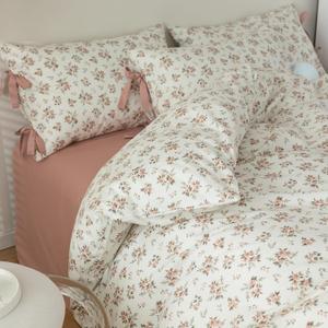 mixinni Vintage Style Girls Pale Pink Flower Pattern Duvet Cover Queen Soft Aesthetic Floral Cotton Bedding Set 1 Duvet Cover with 2 Bow Tie Pillowcases for Women-Queen Size